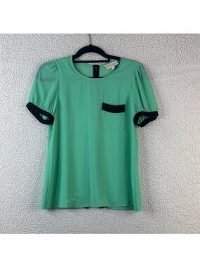 Lost April Womens Green Black Trim Puff Sleeve Button-Back Blouse S SMALL